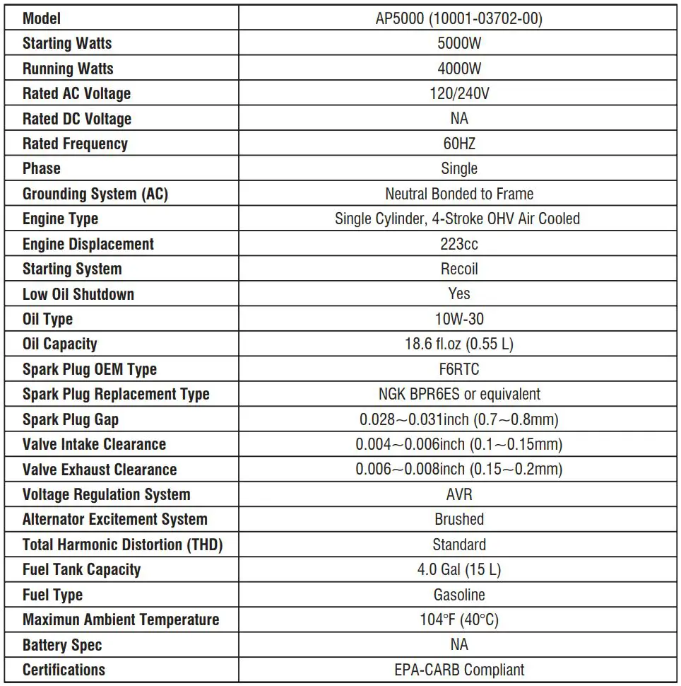 A-iPower AP5000 5000W REV00 Portable Generator Owner's Manual - SPECIFICATIONS