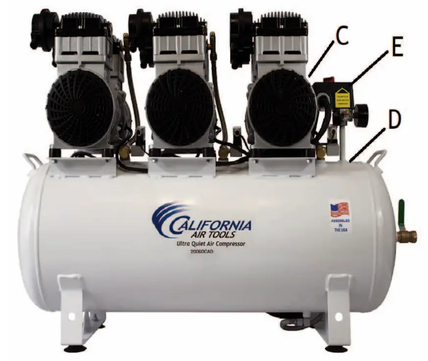 AIR TOOLS 20060CAD Ultra Quiet and Oil Free Air Compressor Locations Of
Important Labels