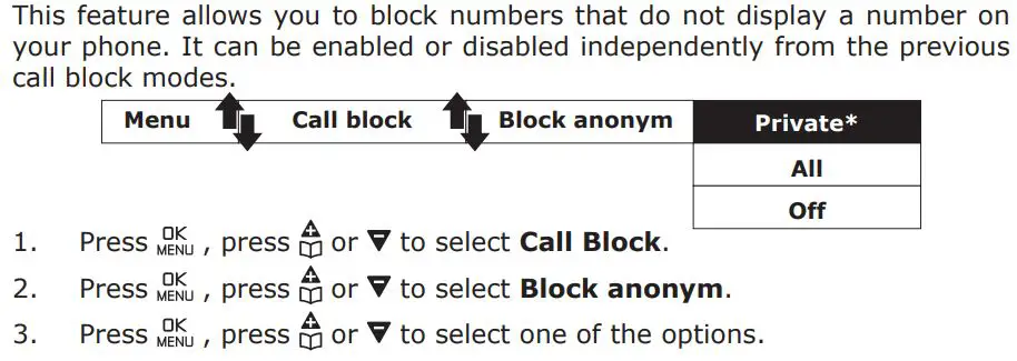 amplicomms BigTel 1580 Amplified Phone with Number Blocker and Voicemail User Guide - Anonymous call block mode