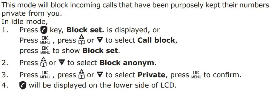 amplicomms BigTel 1580 Amplified Phone with Number Blocker and Voicemail User Guide - Block Private Calls