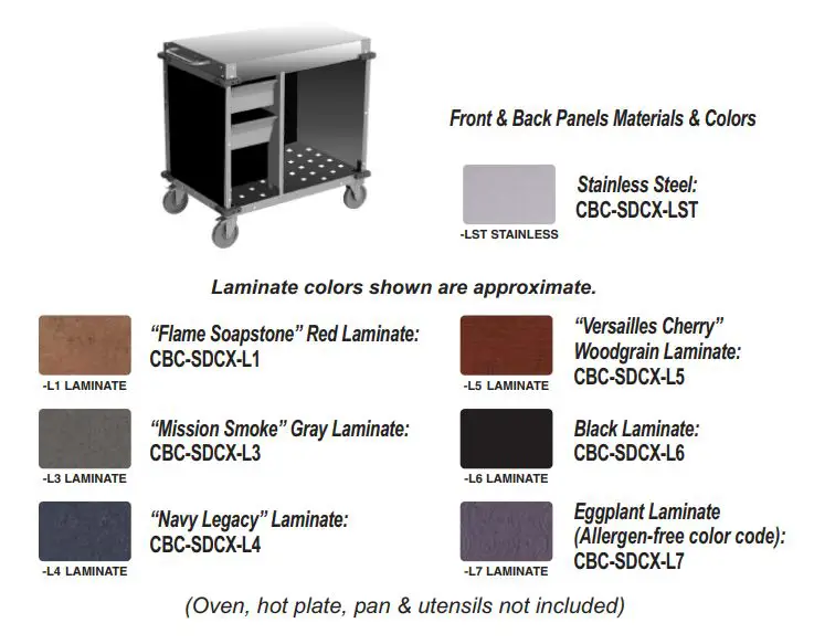 Cadco CBC-SDCXL-L1 Small Mobile Demo Sampling Cart User Manual - Front & Back Panels Materials & Colors