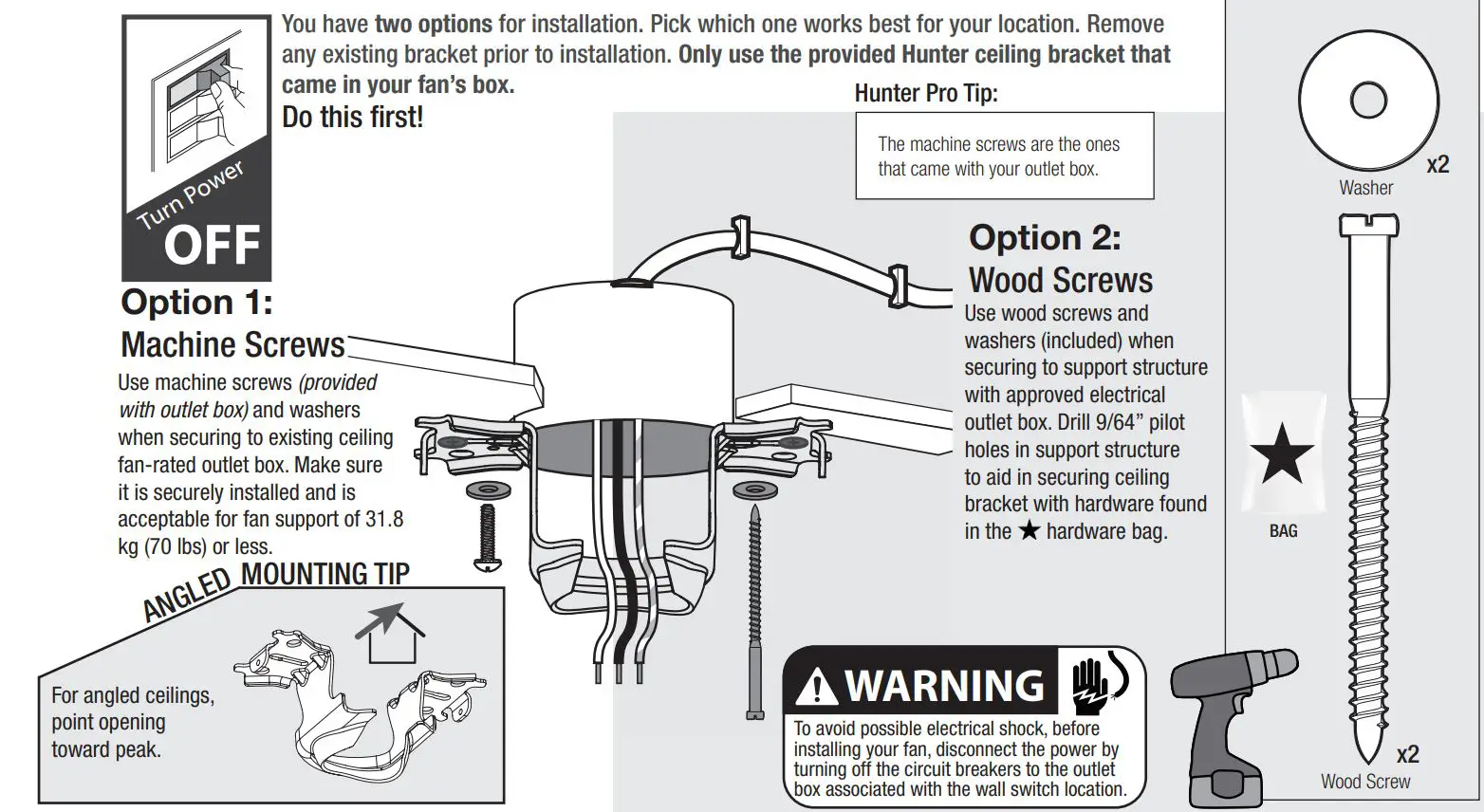 Hunters Fan 50999 Parkview 52 inch Polished Nickel Installation Guide - Installing the Ceiling Bracket
