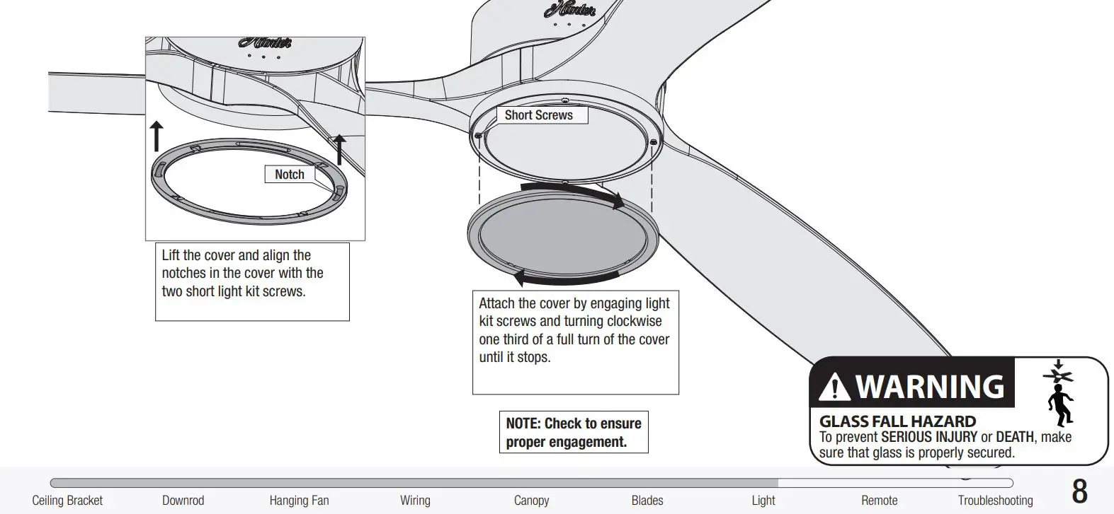 Hunters Fan 50999 Parkview 52 inch Polished Nickel Installation Guide - Installing the Glass