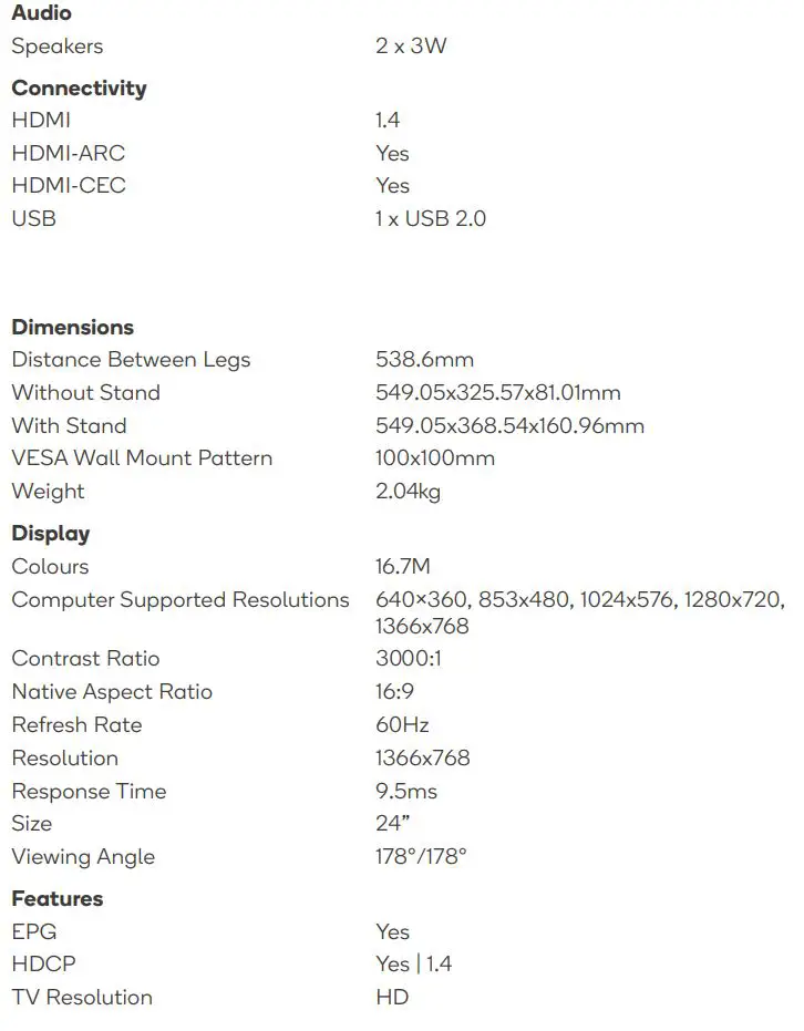 Kogan 24” HD LED TV User Guide - Specification