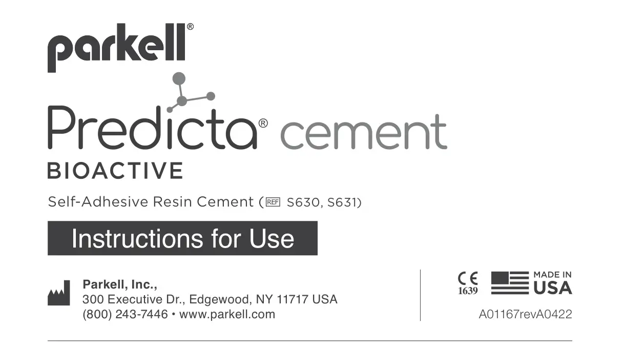 parkell S630 Predicta Cement Bioactive Self Adhesive Resin Cement Instruction Manual