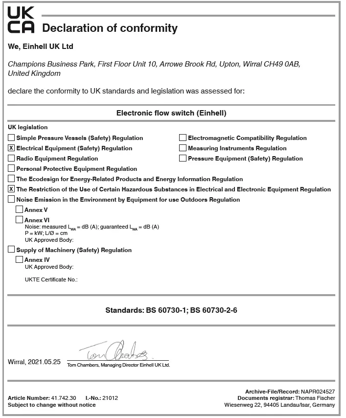 Einhell 41.742.30 Electronic Flow Switch 5