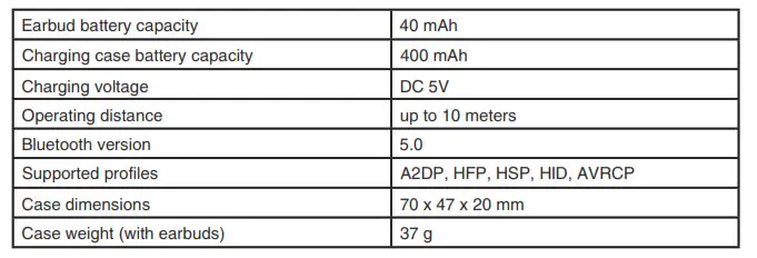 TELEFUNKEN TWS Earbuds True Wireless Style TF-1003B - Specifications