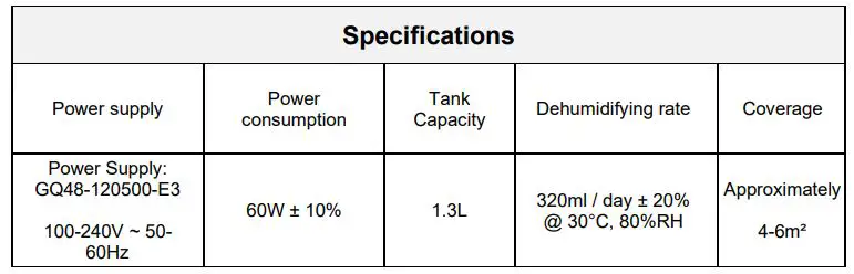 anko Mini Dehumidifier EPI608J - Specification