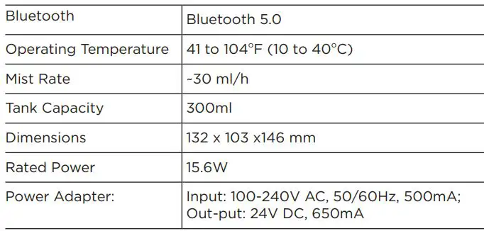 motorola 5-in-1 Soft Glow Aroma Humidifier & Speaker ST600 User Guide - Technical Specifications