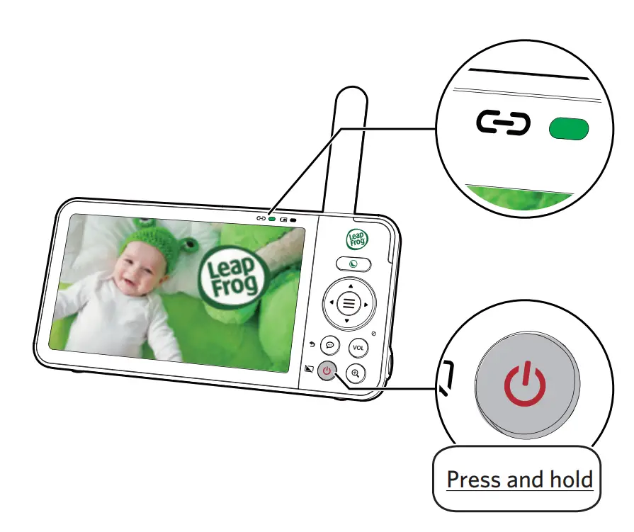 Connect, charge and power on the baby monitor