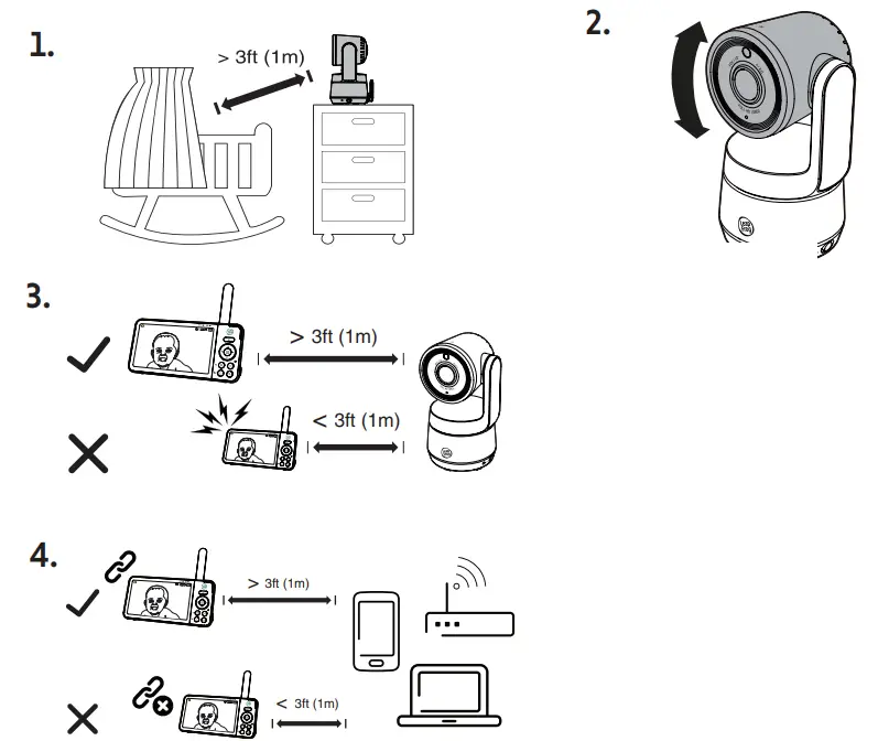 Connect, charge and power on the baby monitor