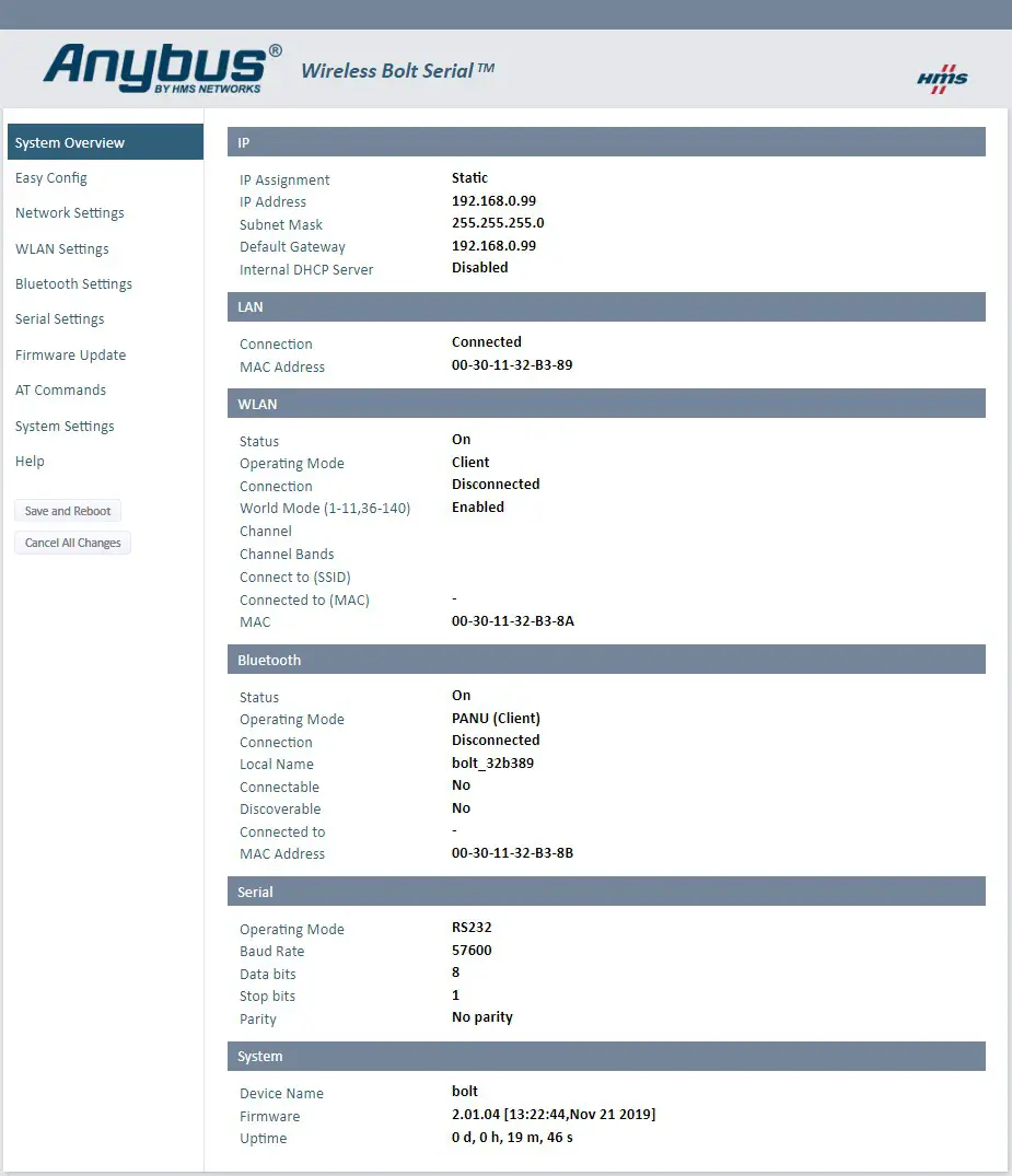 Anybus Wireless Bolt Serial - Interface