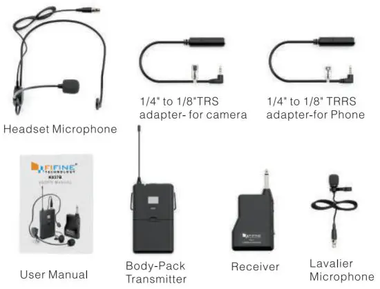 FIFINE TECHNOLOGY K037B Wireless Microphone System with Lapel Mic and Headset - WHAT'S IN THE BOX