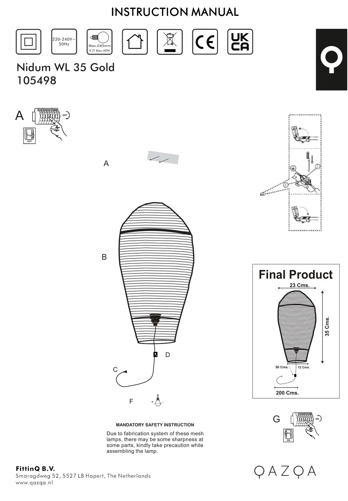 QAZQA 105498 Nidum WL 35 Gold Oriental Wall Lamp Instruction Manual