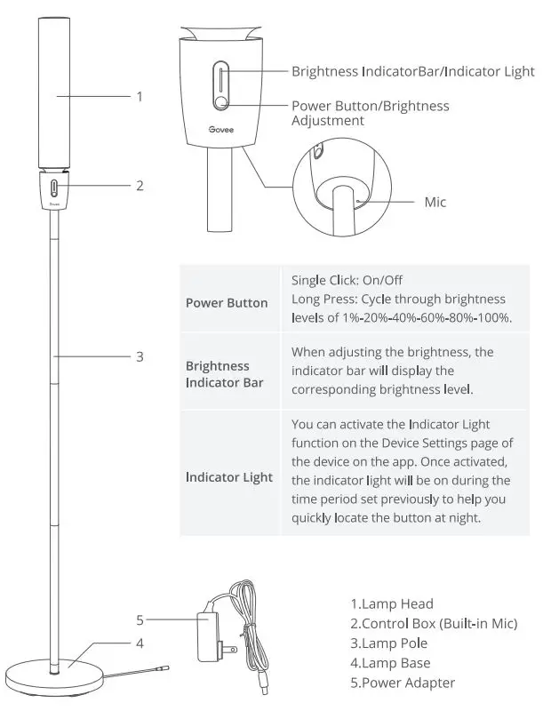 Govee H6078 RGBICWW Cylinder Floor Lamp User Manual - At a Glance