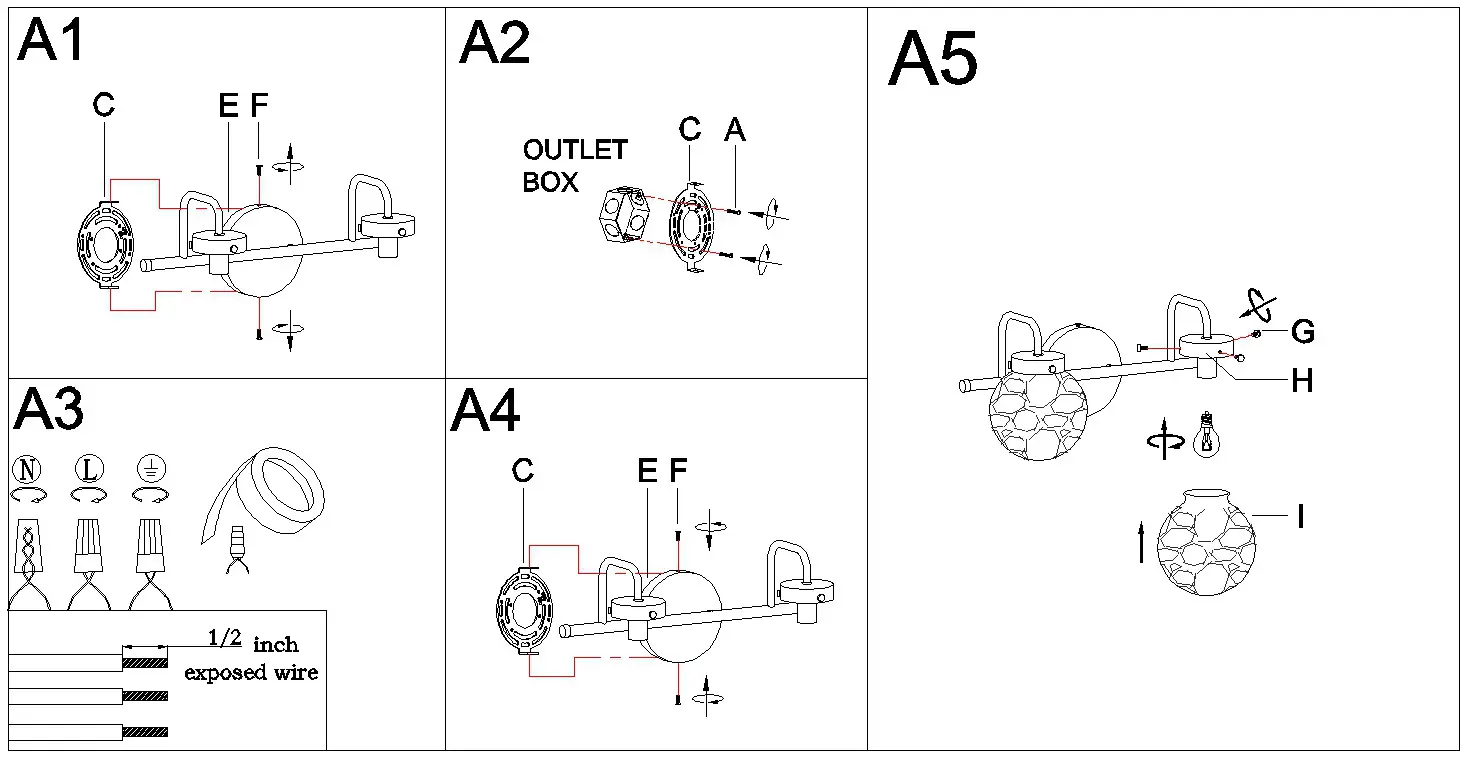 ZEVNI A04804W2 Evin 15 Inch 2 Light Black Brass Transitional Vanity Light - ASSEMBLY AND INSTALLATION INSTRUCTIONS