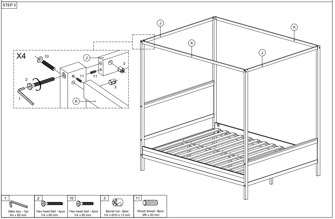 GODEER LP000912LXLAAP Brown Wood Frame Queen Size Canopy Bed - Fig 7