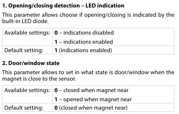 Fibaro Door or Window Sensor - Confjgurable parameters