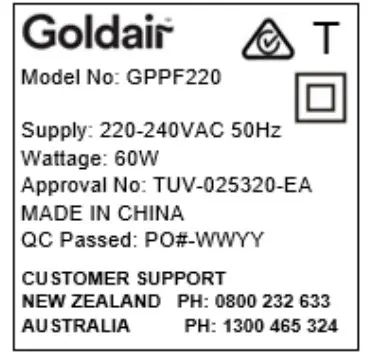 Goldair GPPF220 45cm Pedestal Fan with WiFi - warning