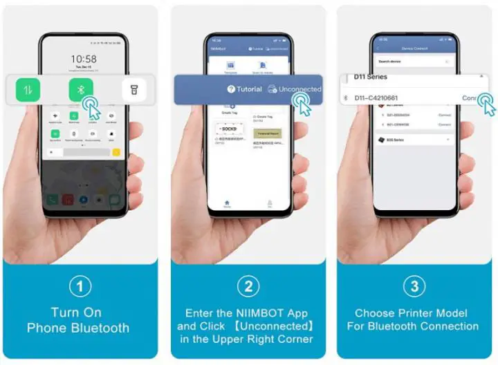 NIIMBOT D11 Label Maker Machine Instructions - The following figure shows the steps of Bluetooth connection