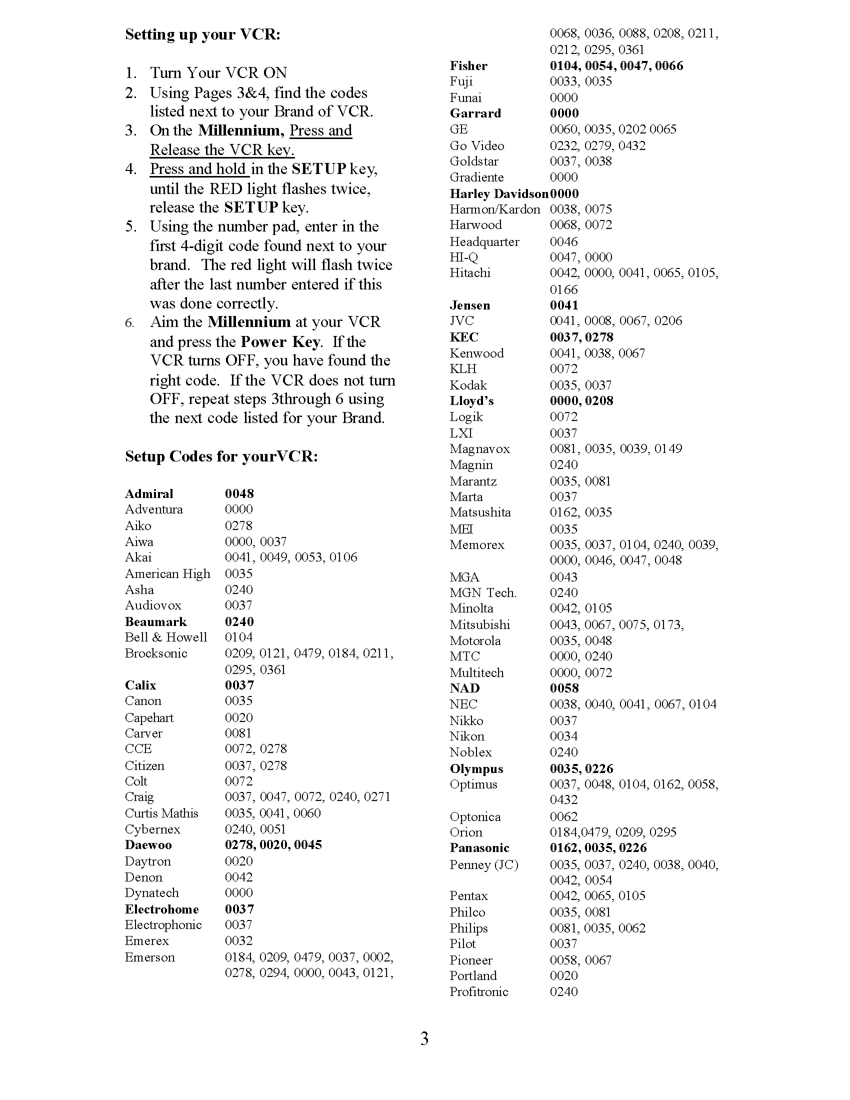 Millennium Remote Setup Codes