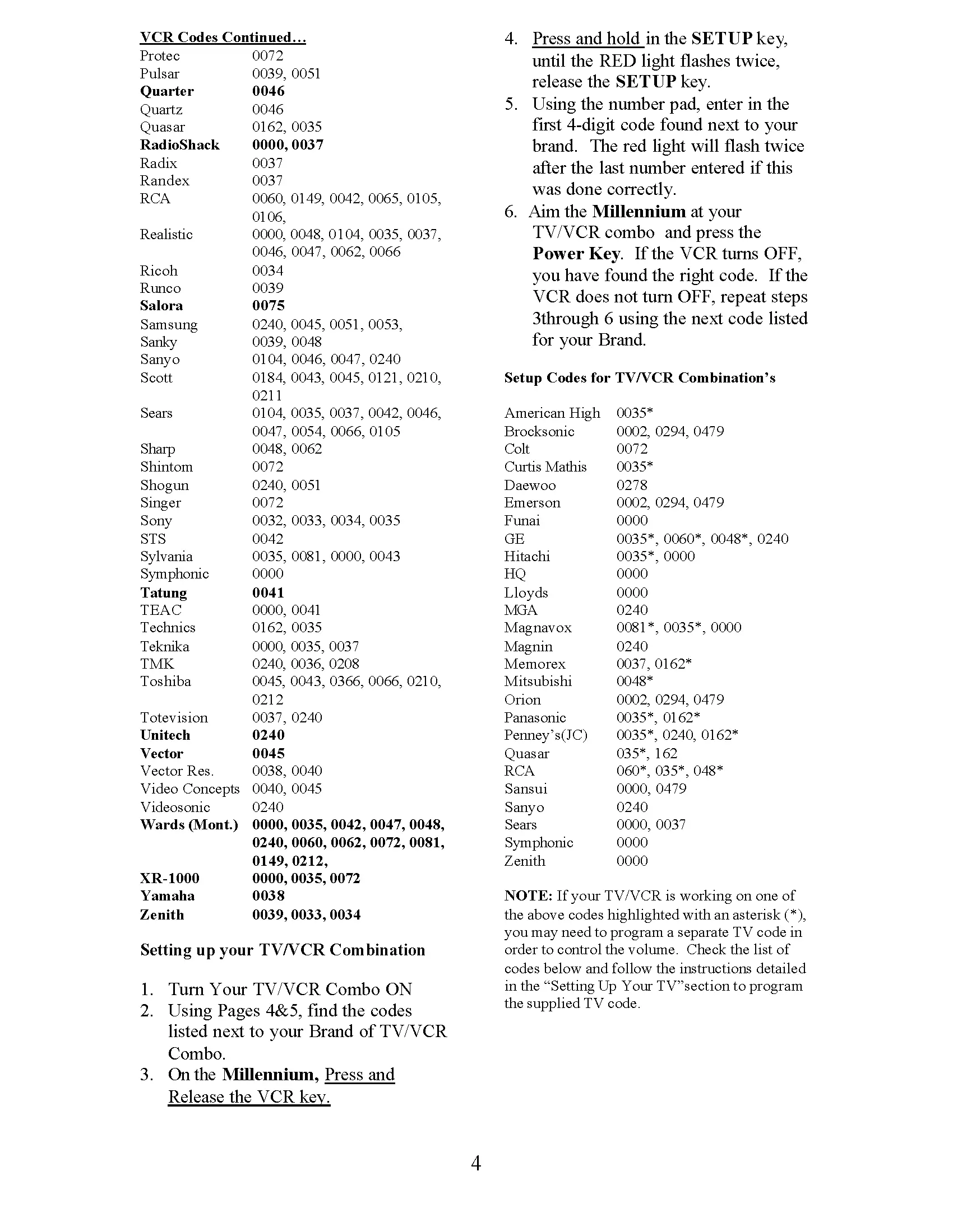 Millennium Remote Setup Codes