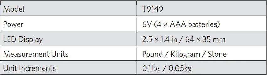 eufy T9149 Smart Scale Owner's Manual - Specifications