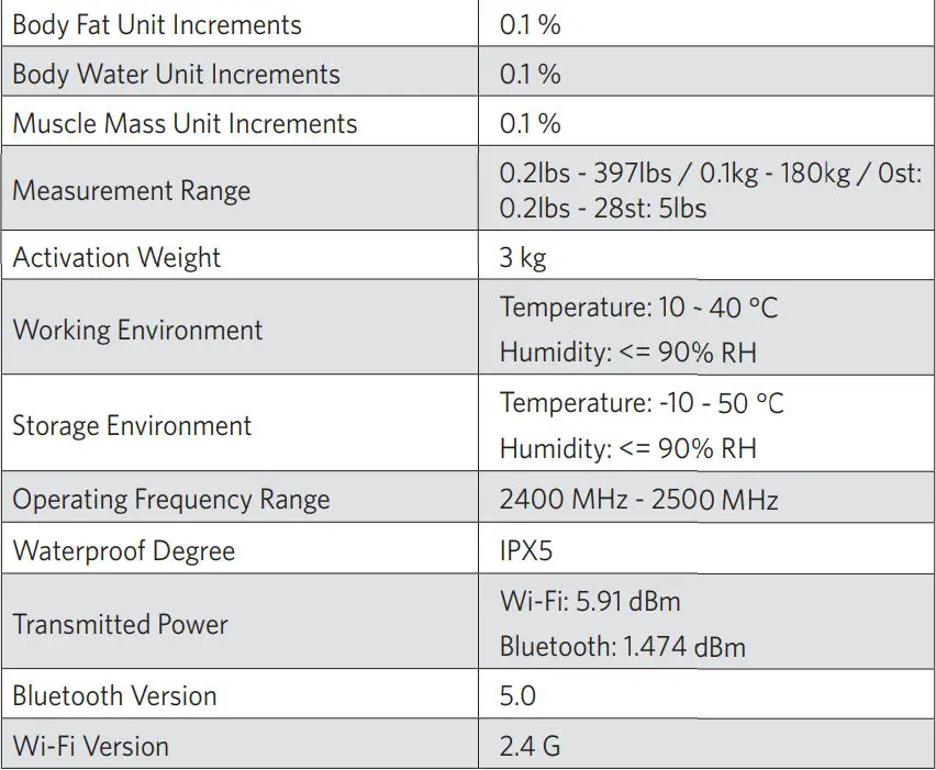 eufy T9149 Smart Scale Owner's Manual - Specifications