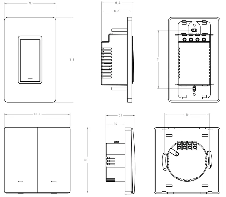 Milesight WS50x Smart LoRaWAN Wall Switch - Dimensions