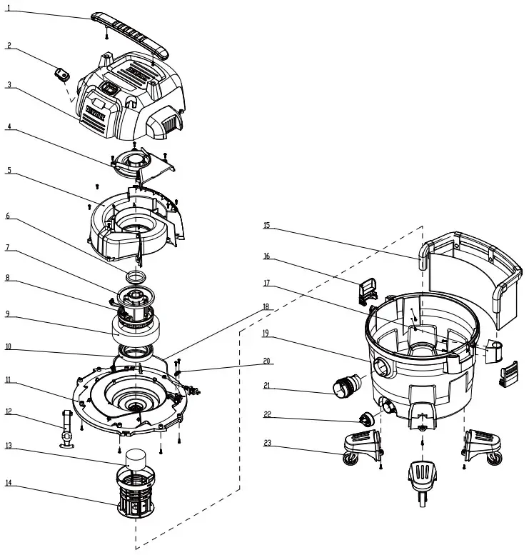 DEWALT DXV09P QTA 9 Gallon 34L Portable Wet or Dry Vacuum -EXPLODED VIEW PARTS LIST