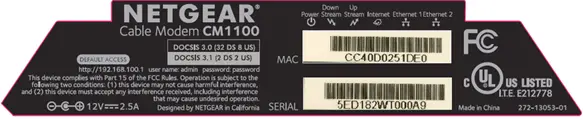 Image of Netgear CM1100 MAC Label