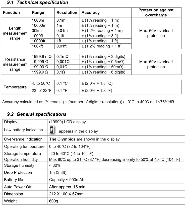 elma 6501 Cable Length Tester - Specifications