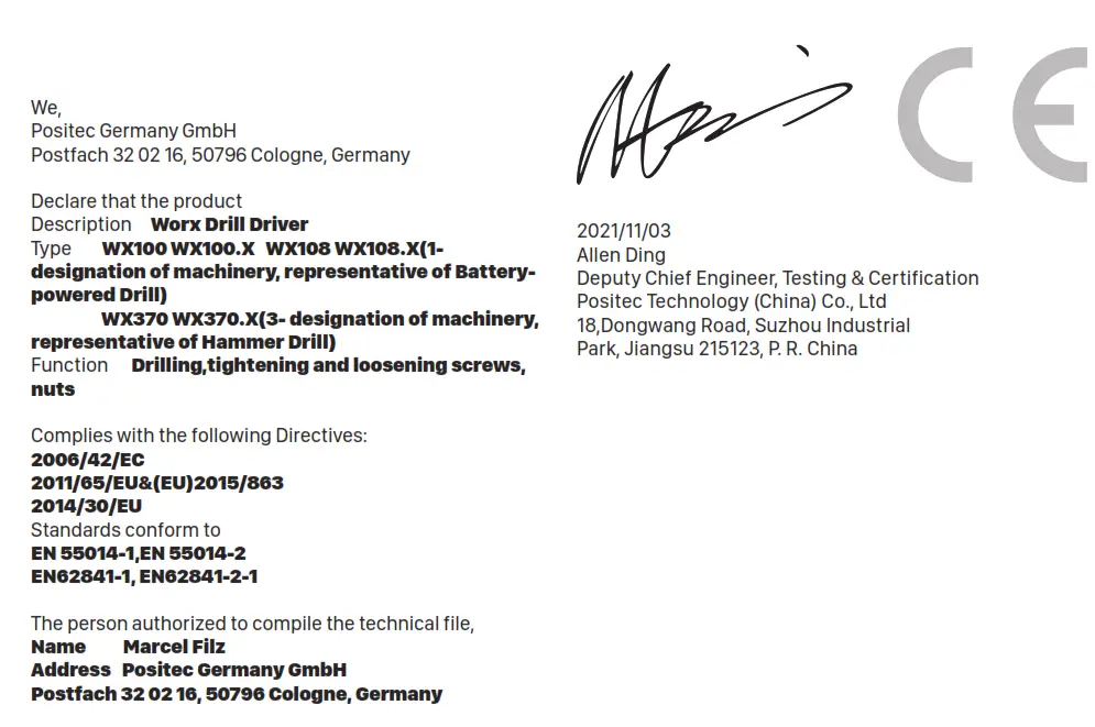 WORX WX100 20V Cordless 10mm Drill Driver Skin - Signer1