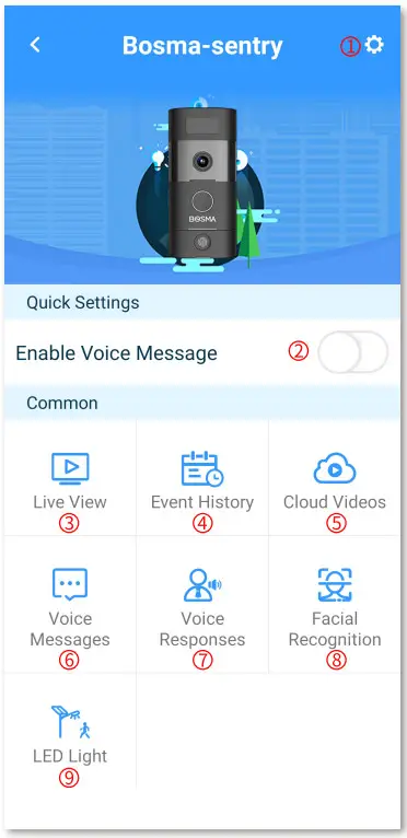 BOSMA 851781007869 Sentry Video Doorbell - menu