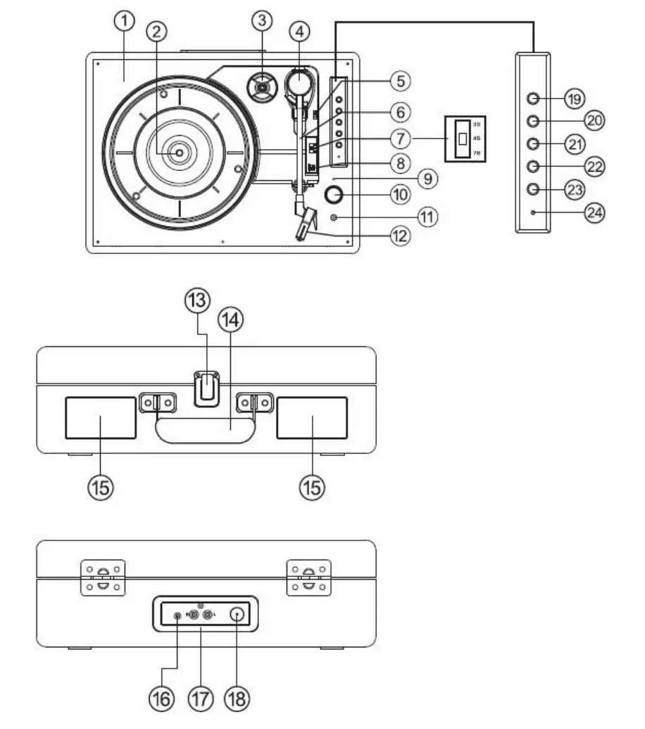 Lenco TT-110 Turntable with Bluetooth Reception and Built-In Speakers - Location of Controls