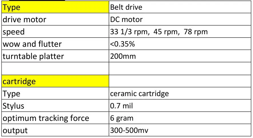 Lenco TT-110 Turntable with Bluetooth Reception and Built-In Speakers - SPECIFICATIONS