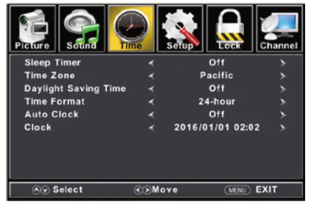 connex CX27A21DC FHD LED TV - Time Menu