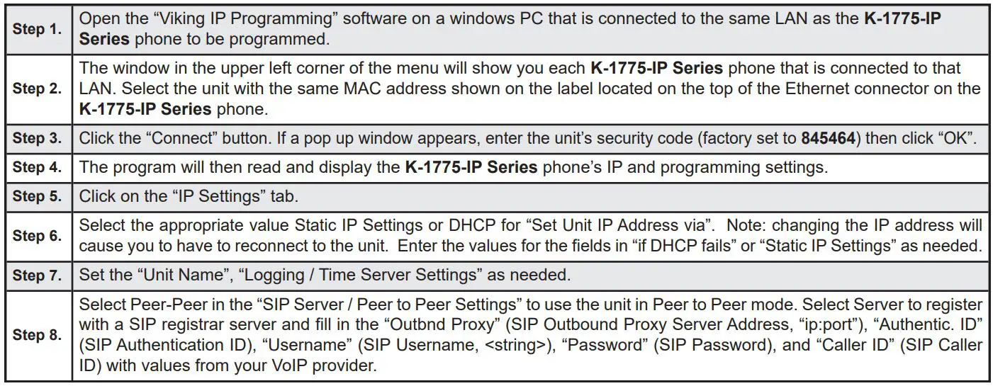 VIKING K-1775-IP Series Phone System with Proximity Card Reader and Video Camera User Manual - Configuring the K-1775-IP Network Settings