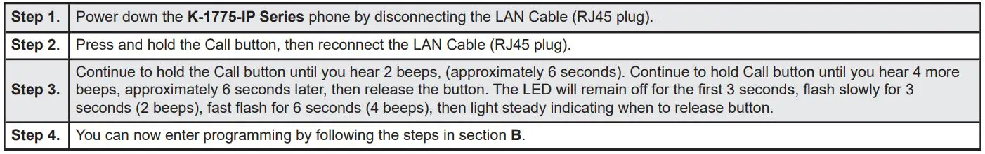 VIKING K-1775-IP Series Phone System with Proximity Card Reader and Video Camera User Manual - Manually Resetting All Network Parameters to Factory Default