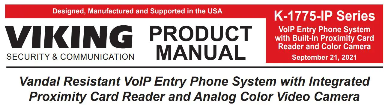 VIKING K-1775-IP Series Phone System with Proximity Card Reader and Video Camera User Manual
