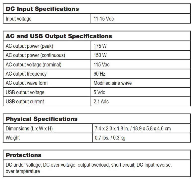 Duracell 175 Watt Power Inverter - Specifications