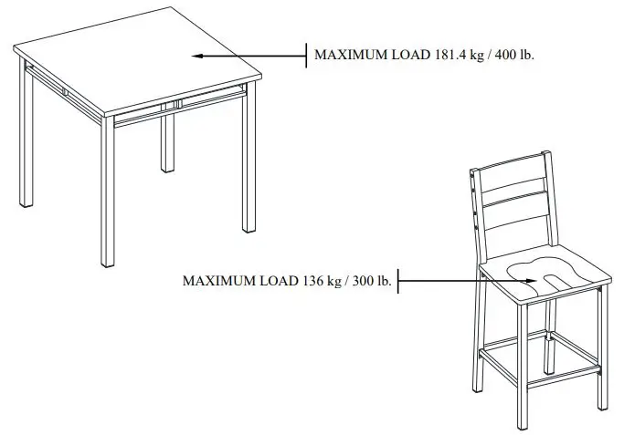 Whalenstyle Austen 5pc Counter Height Dining - MAXIMUM RECOMMENDED WEIGHT LOADS
