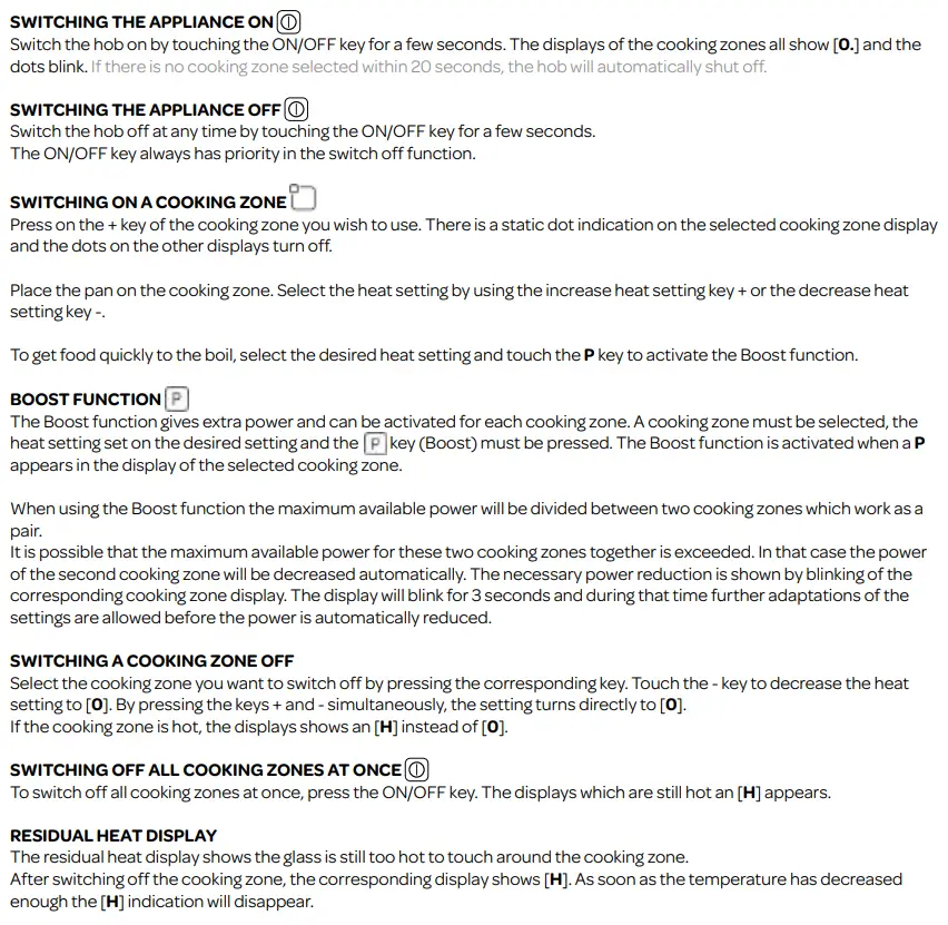 INVENTUM IKI3020 Hob Instruction Manual - operation of the appliance