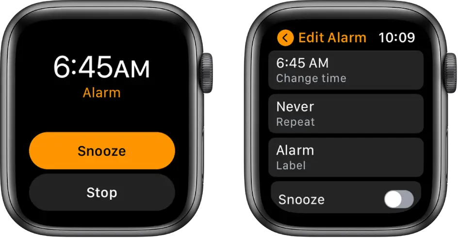 Two watch screens: One shows a watch face with Snooze and Stop buttons, and the other shows the Edit Alarm settings, with Change time, Repeat, and Alarm buttons below. A Snooze switch is at the bottom. The Snooze switch is turned off.