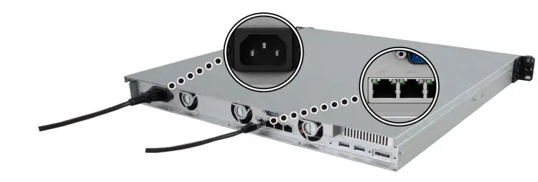 Synology RackStation RS818+RS818RP+ Installation Guide - Connect at least one LAN cable to one of the LAN ports and the other end to your switch