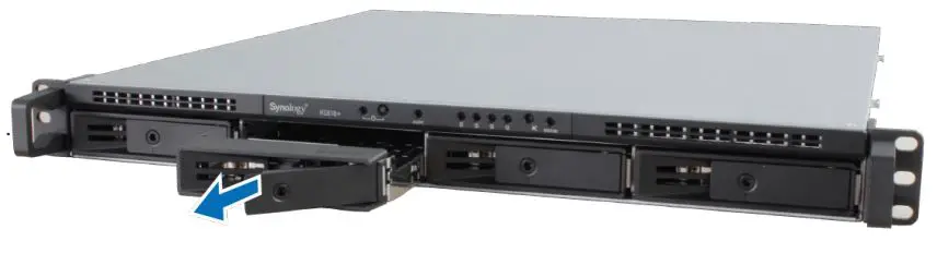 Synology RackStation RS818+RS818RP+ Installation Guide - Pull the drive tray handle in the direction as indicated below to remove the drive tray