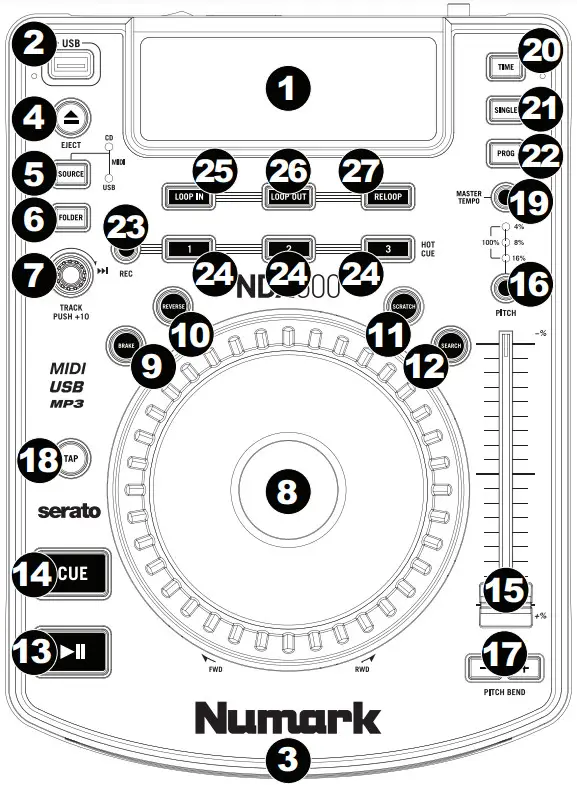 Numark NDX500 USB DJ CD Media Player - Top Panel