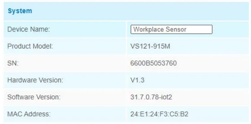 Milesight VS121 Workplace LoRaWAN Sensor - System Info