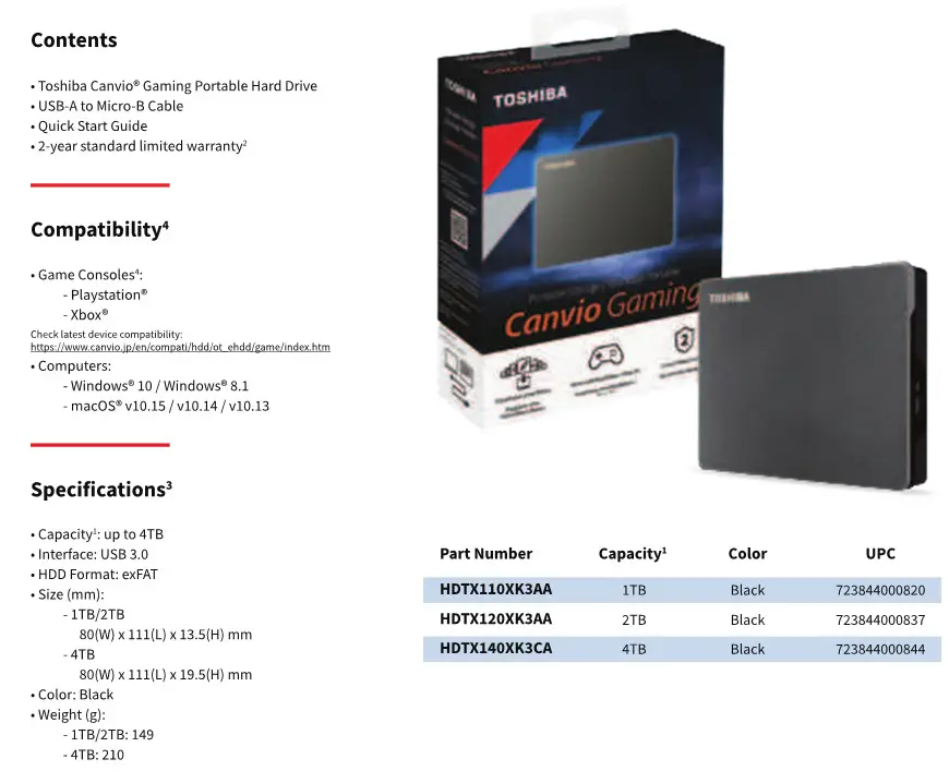 TOSHIBA Canvio Gaming - Contents, Compatibility, Specifications