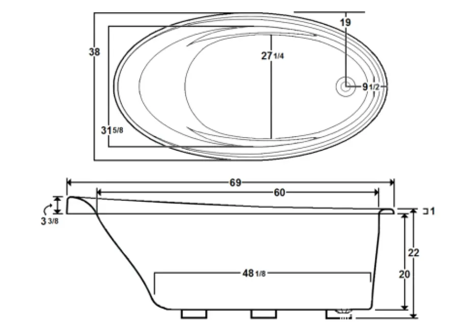 Laurel Mountain 6938BT064 BENA 69x38 Inches Drop In Acrylic Tub 01